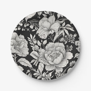 Classic Floral Black and White Vintage Paper Plates