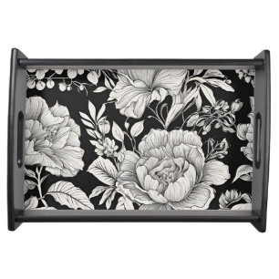 Classic Floral Black and White Vintage Serving Tray