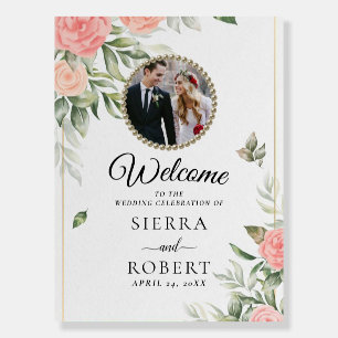 Classic Floral Blush Photo Wedding Welcome Sign