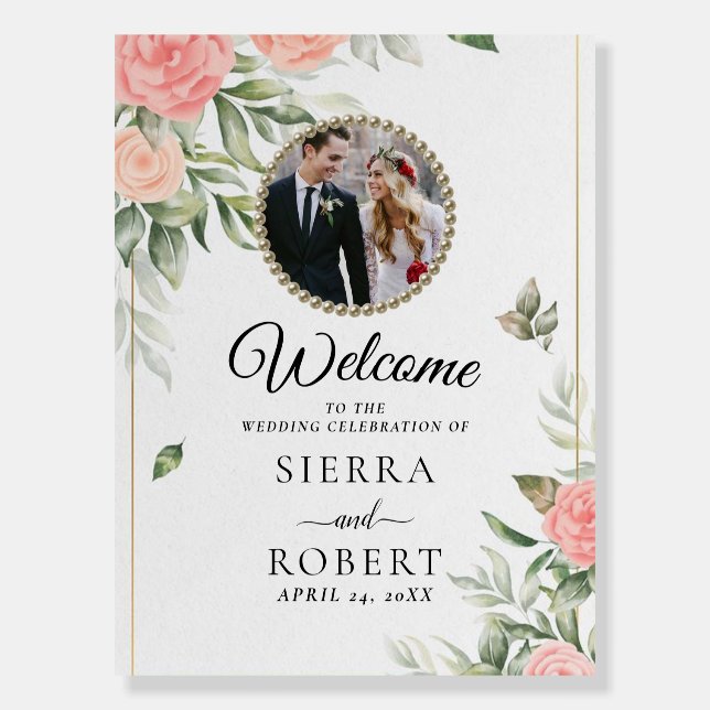 Classic Floral Blush Photo Wedding Welcome Sign (Front)