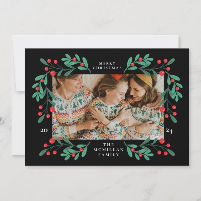 Classic Floral Christmas Frame Photo Card (Front)