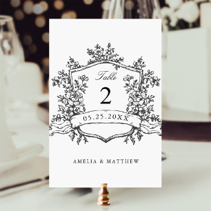 Classic Floral Crest Black & White Wedding Table Number