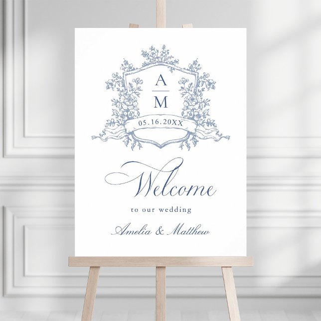Classic Floral Crest Dusty Blue Wedding Welcome Foam Board (Creator Uploaded)