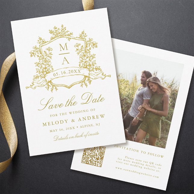 Classic Floral Crest Gold Wedding Photo  Save The Date (Front & Back)