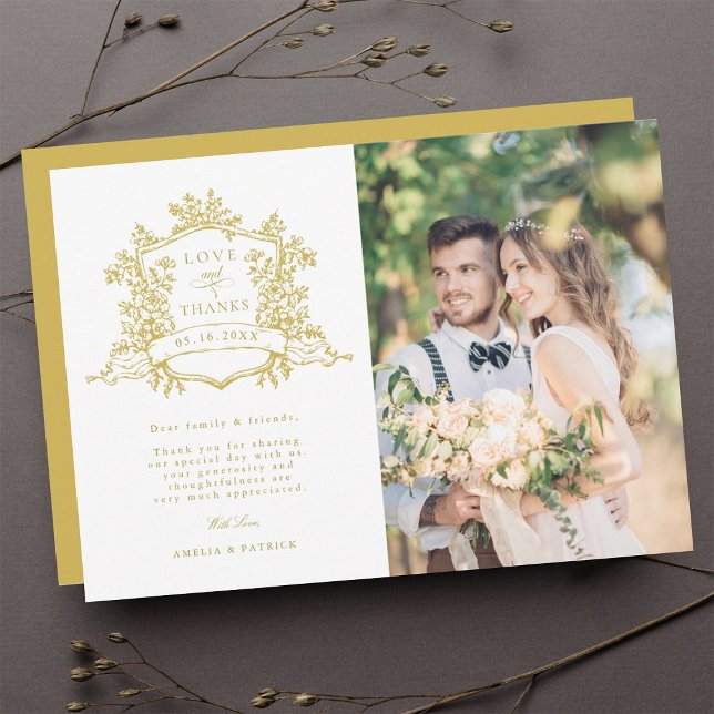 Classic Floral Crest Gold Wedding Photo  Thank You Card (Creator Uploaded)