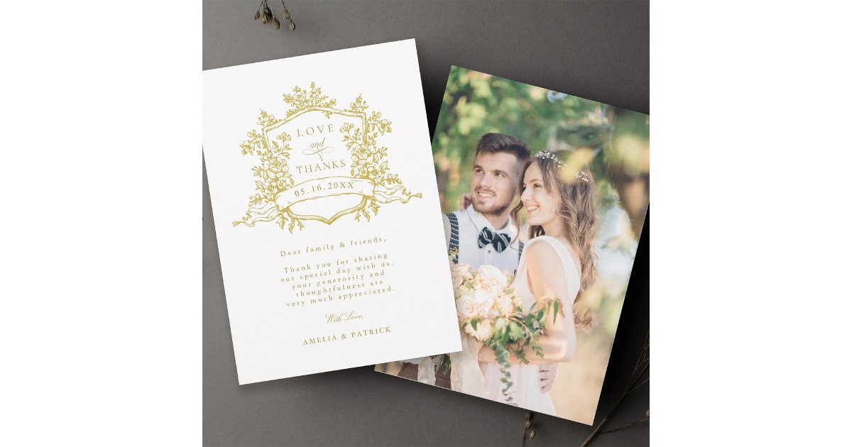 Classic Floral Crest Gold Wedding Photo Thank You Card | Zazzle