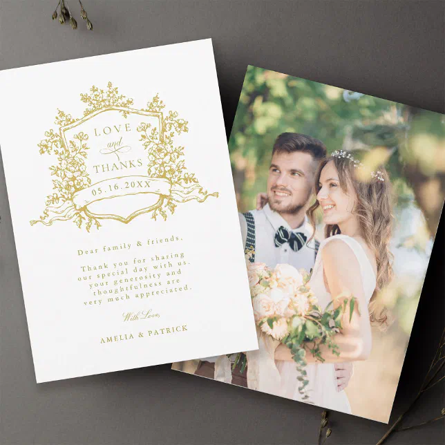 Classic Floral Crest Gold Wedding Photo Thank You Card | Zazzle
