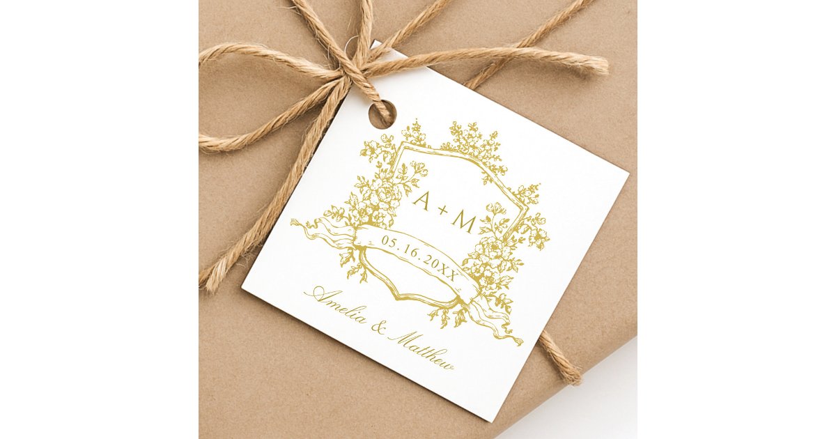 Classic Floral Crest Gold Wedding Thank You Favor Tags | Zazzle