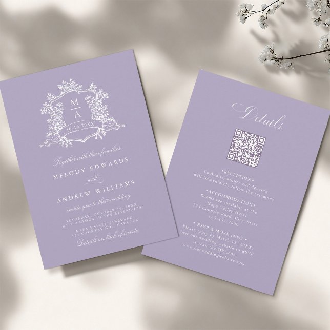 Classic Floral Crest Lavender Wedding All in One Invitation (Front & Back)