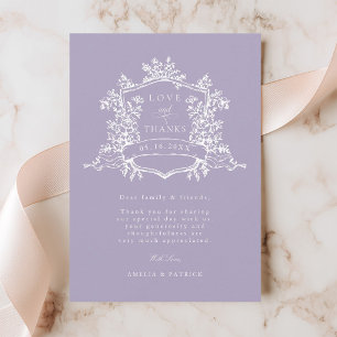 Classic Floral Crest Lavender Wedding Photo Thank You Card