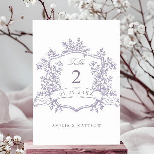 Classic Floral Crest Lavender Wedding Table Number
