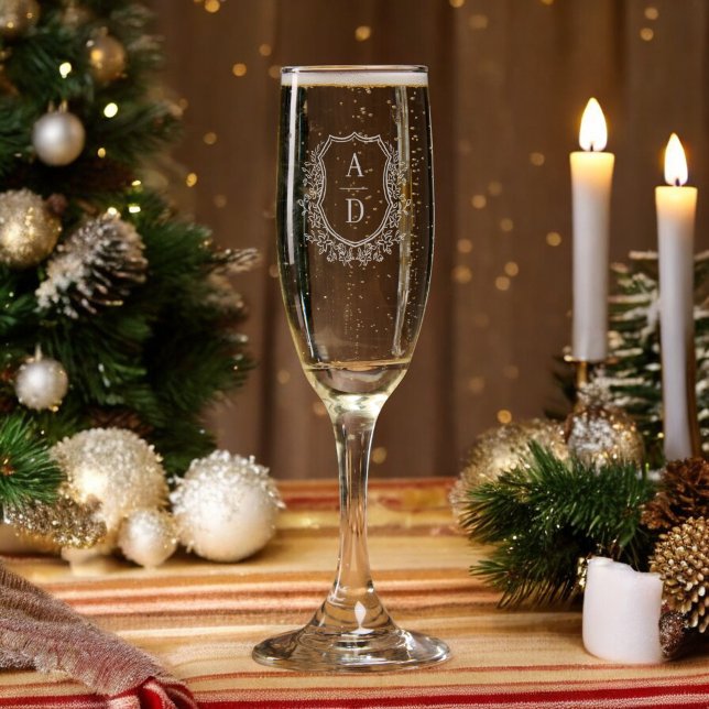 Classic Floral Crest Monogram Christmas Elegant Champagne Flute (Creator Uploaded)