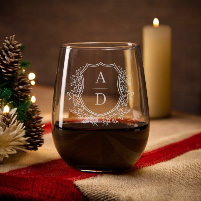 Classic Floral Crest Monogram Christmas Elegant Stemless Wine Glass (Creator Uploaded)