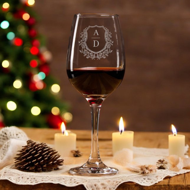 Classic Floral Crest Monogram Christmas Elegant Wine Glass (Creator Uploaded)