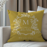Classic Floral Crest Monogram Gold Throw Pillow<br><div class="desc">Elegant floral crest throw pillow with a last name and established date. For more advanced customization of this design,  please click the BLUE DESIGN TOOL BUTTON above!</div>