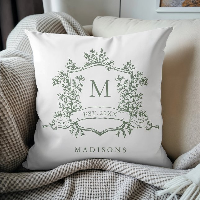 Classic Floral Crest Monogram Sage Green Throw Pillow (Creator Uploaded)
