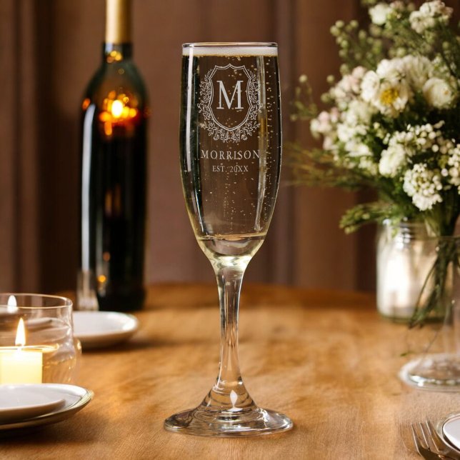 Classic Floral Crest Monogram Wedding Elegant Champagne Flute (Creator Uploaded)