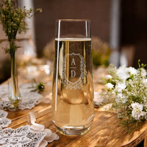 Classic Floral Crest Monogram Wedding Elegant Stemless Champagne Flute