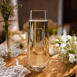 Classic Floral Crest Monogram Wedding Elegant Stemless Champagne Flute