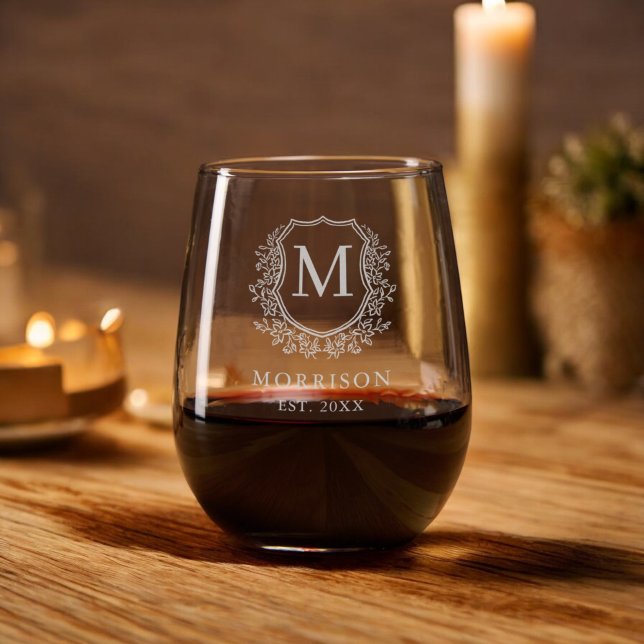 Classic Floral Crest Monogram Wedding Elegant Stemless Wine Glass (Creator Uploaded)