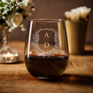 Classic Floral Crest Monogram Wedding Elegant Stemless Wine Glass