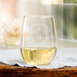 Classic Floral Crest Monogram Wedding Elegant Stemless Wine Glass