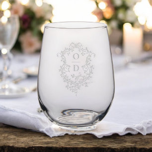 Classic Floral Crest Monogram Wedding Elegant Stemless Wine Glass