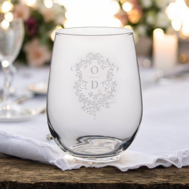 Classic Floral Crest Monogram Wedding Elegant Stemless Wine Glass (Creator Uploaded)