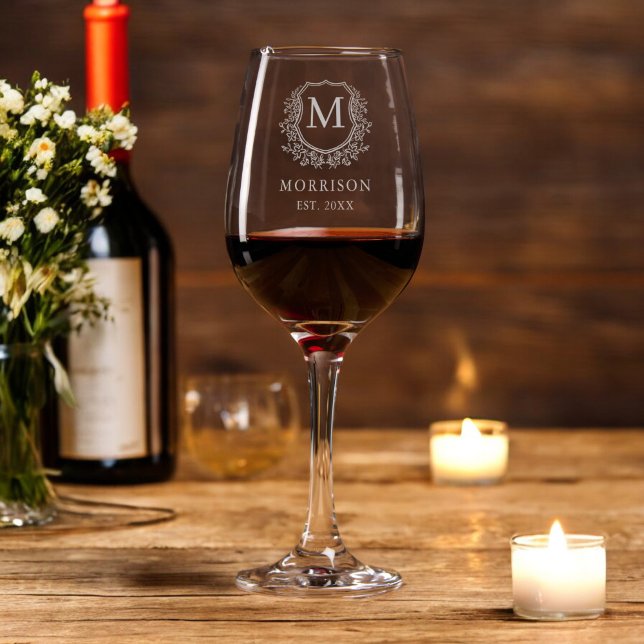 Classic Floral Crest Monogram Wedding Elegant Wine Glass (Creator Uploaded)