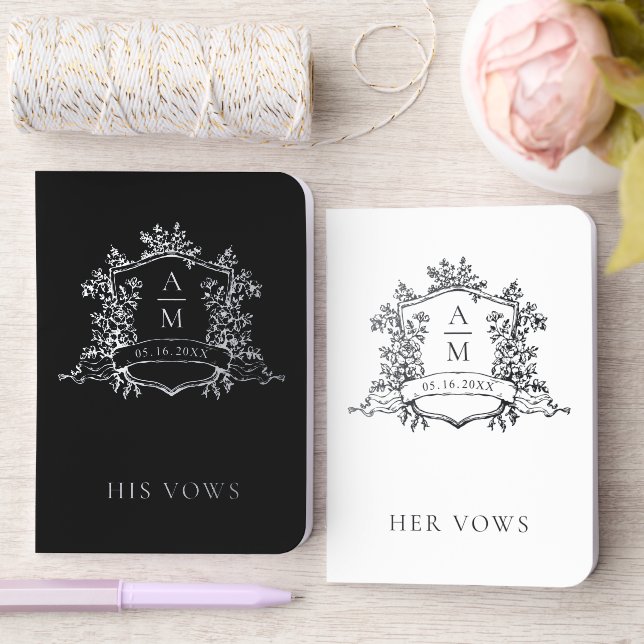 Classic Floral Crest Monogram Wedding Silver Foil Vow Books (Wedding)