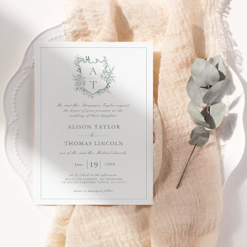 Classic Floral Crest Sage Green Wedding Invitation