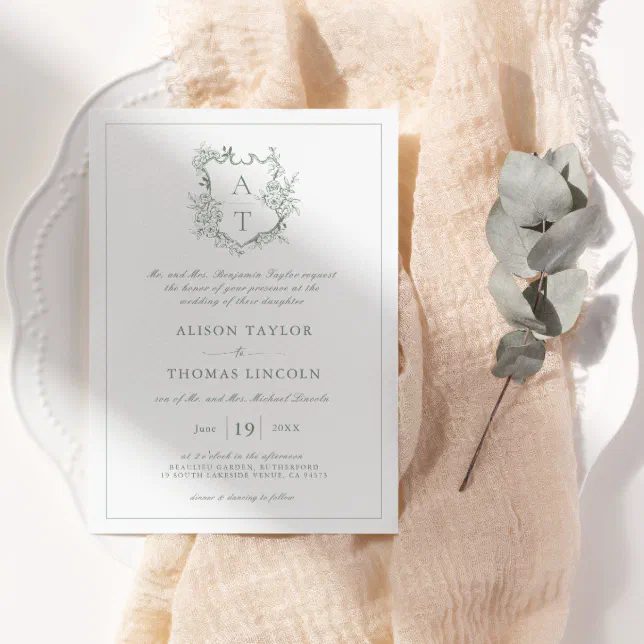 Classic Floral Crest Sage Green Wedding Invitation | Zazzle