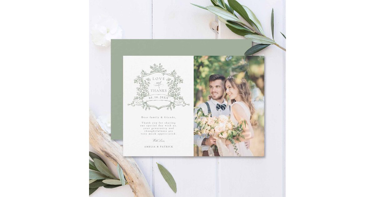 Classic Floral Crest Sage Green Wedding Photo Thank You Card | Zazzle