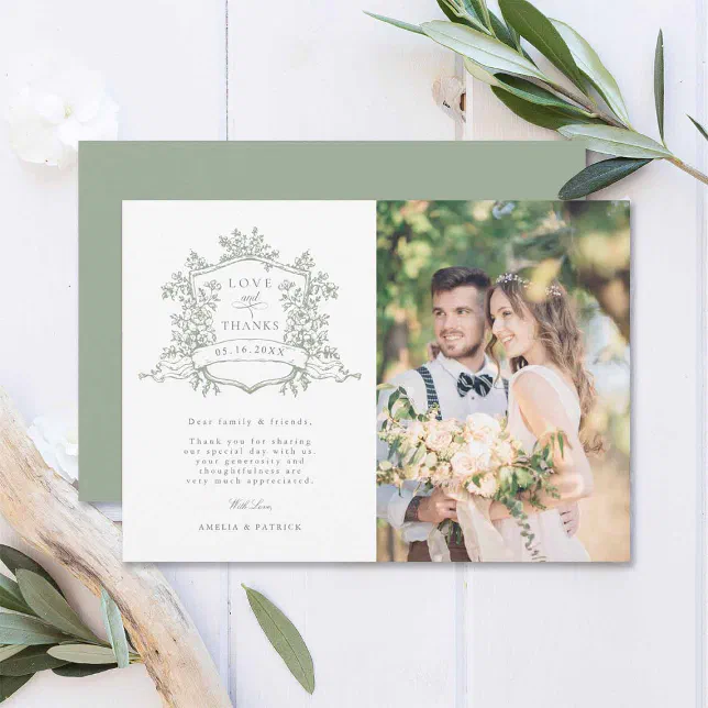 Classic Floral Crest Sage Green Wedding Photo Thank You Card | Zazzle