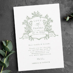 Classic Floral Crest Sage Green Wedding Photo Thank You Card