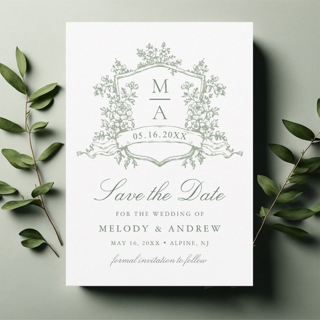 Classic Floral Crest Sage Green Wedding Save The Date (Creator Uploaded)