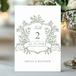 Classic Floral Crest Sage Green Wedding Table Number