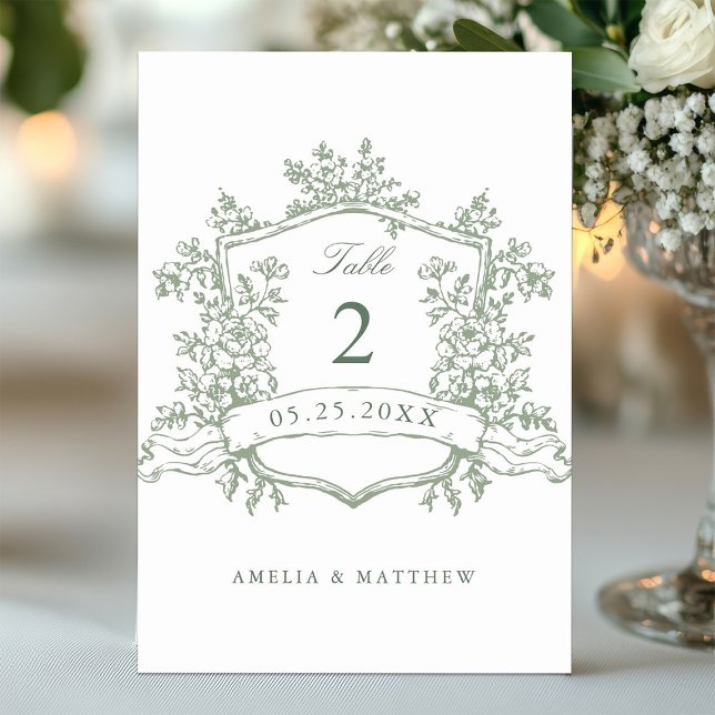 Classic Floral Crest Sage Green Wedding Table Number (Creator Uploaded)