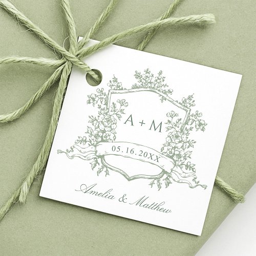 Classic Floral Crest Sage Green Wedding Thank You Favor Tags