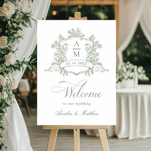 Classic Floral Crest Sage Green Wedding Welcome Foam Board