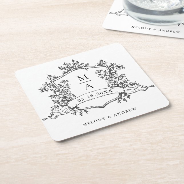 Classic Floral Crest Wedding Black and White Square Paper Coaster (Angled)