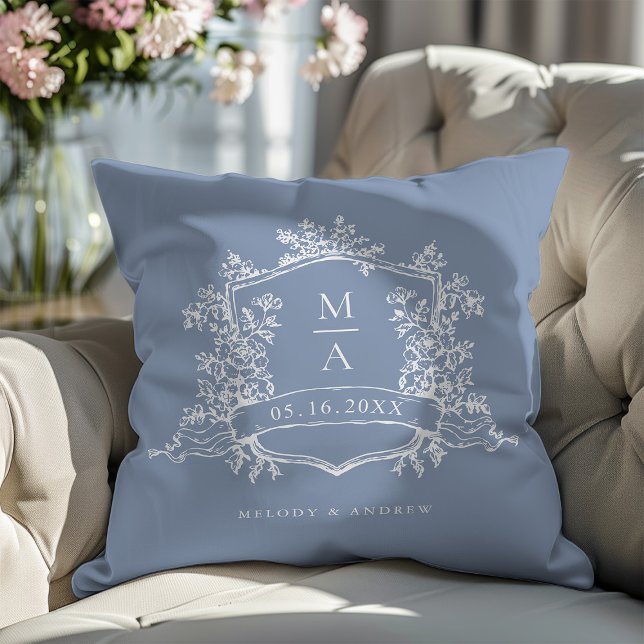 Classic Floral Crest Wedding Dusty Blue Throw Pillow (Creator Uploaded)