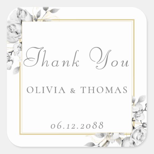 Classic Floral Drawing Gold Frame Rustic Wedding Square Sticker