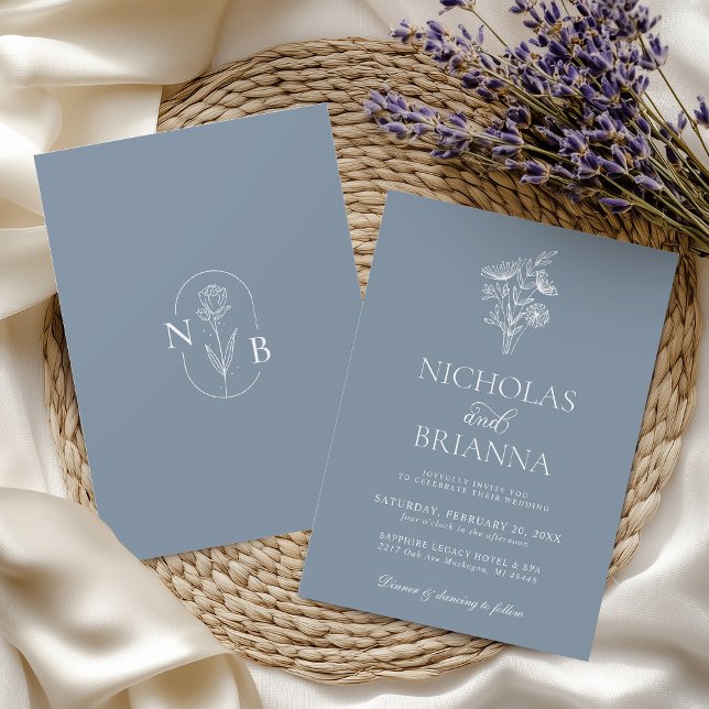 Classic Floral Dusty Blue Wedding Minimalist Invitation (Creator Uploaded)