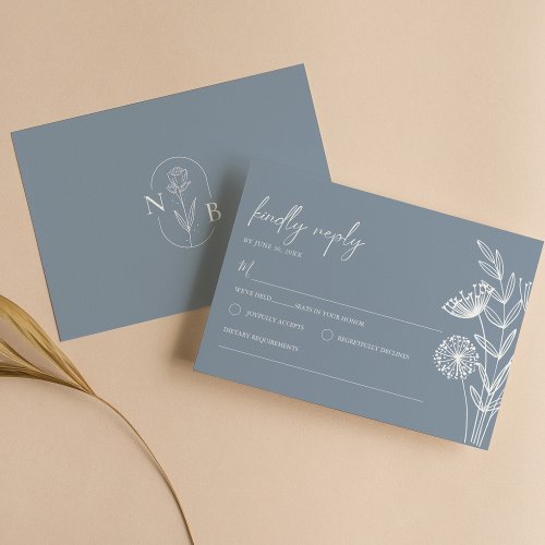 Classic Floral Dusty Blue Wedding Minimalist RSVP Card