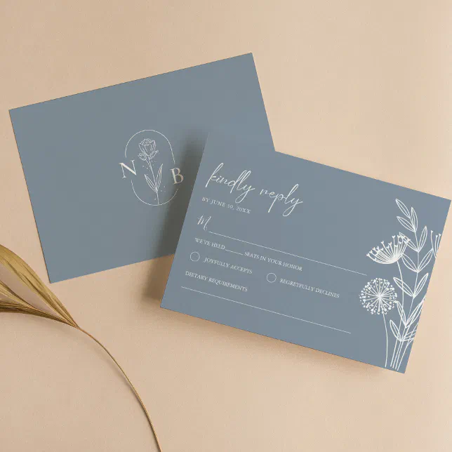 Classic Floral Dusty Blue Wedding Minimalist RSVP Card | Zazzle