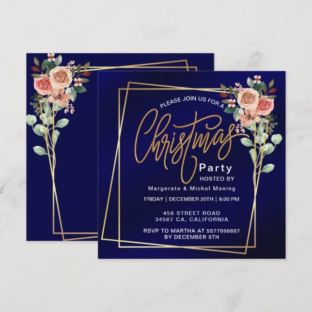 Classic Floral Frame Blue Christmas  Invitation (Front/Back)