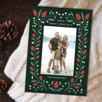 Classic Floral Frame Christmas Photo | Green Holiday Card