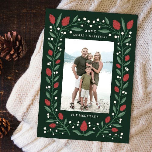 Classic Floral Frame Christmas Photo  Green Holiday Card