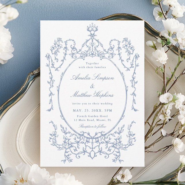 Classic Floral Frame Dusty Blue Wedding            Invitation (Creator Uploaded)